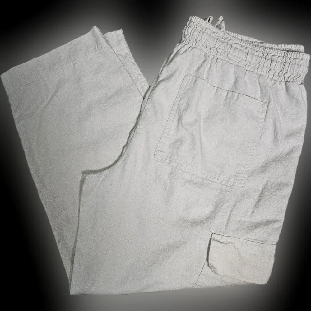 Linen Wide Leg Cargo Pants by Time & True Elastic and Drawstring Oatmeal Color L - Picture 3 of 10